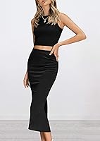 Vista 4 de PRETTYGARDEN Conjunto de 2 piezas de verano para mujer, cuello redondo, sin mangas, con abertura, falda midi Negro
