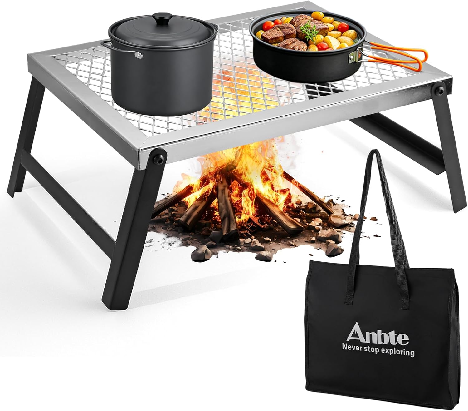 Anbte 16" x 12" Folding Campfire Grill, Heavy Duty Steel Mesh Grate Chrome Finish with Folding Legs, Portable Campfire Cooking Equipment for Camping Outdoor BBQ Cooking Open Fire Backyard, Silver
