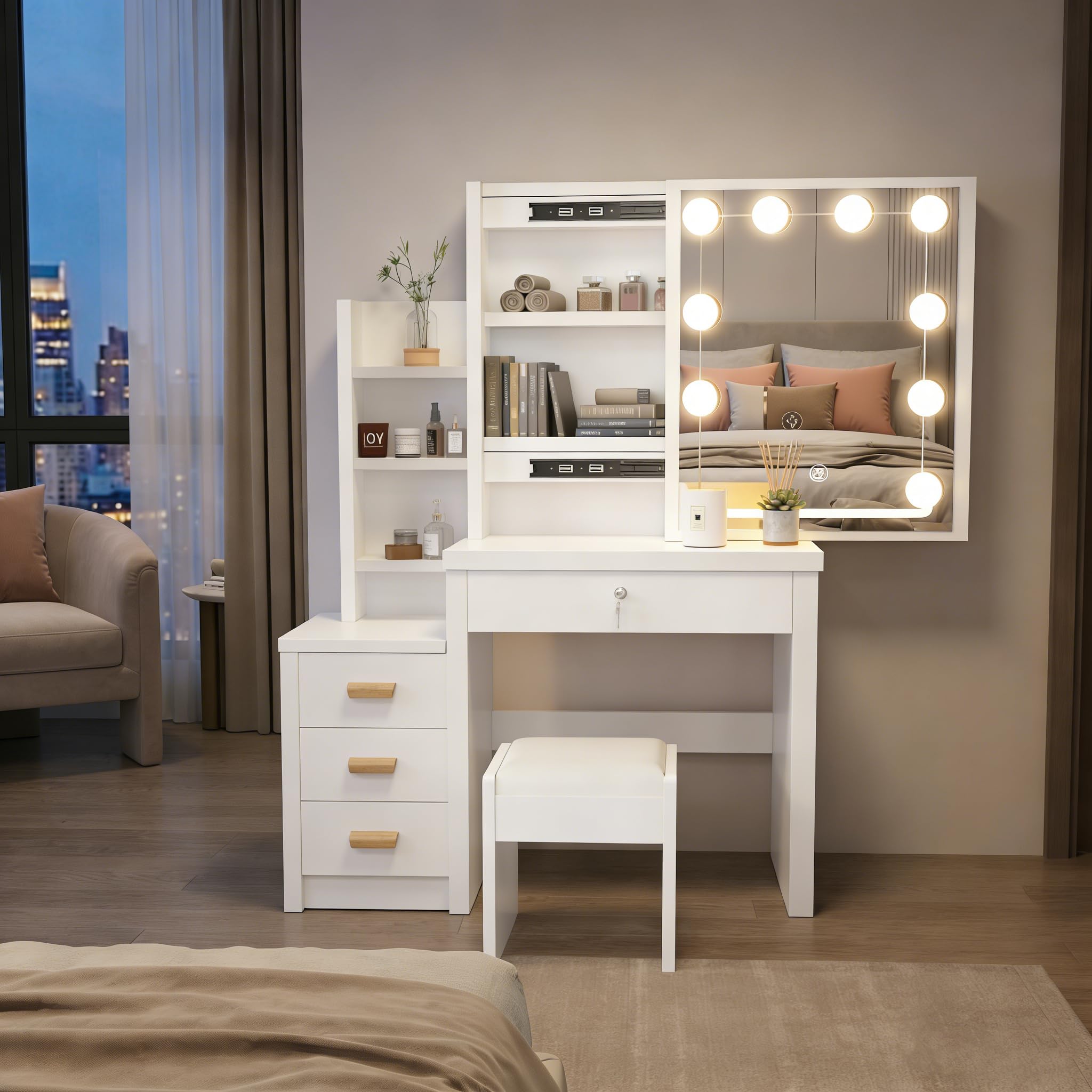 Coiffeuse Maquillage avec Miroir LED, Luminosité Réglable 3 Couleurs, Table de Maquillage avec Tabouret, 4 Tiroirs & 7 Étagères, Coiffeuse Moderne Bois Blanche pour Chambre Nouvelle Version