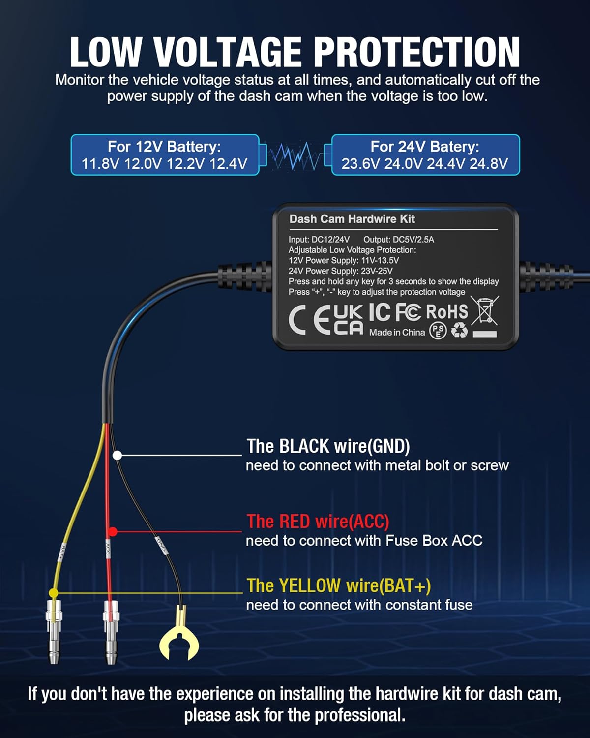 Diagram showing the connection points for the black (GND), red (ACC), and yellow (BAT+) wires of the hardwire kit, with instructions to connect to a metal bolt, ACC fuse, and constant fuse respectively.