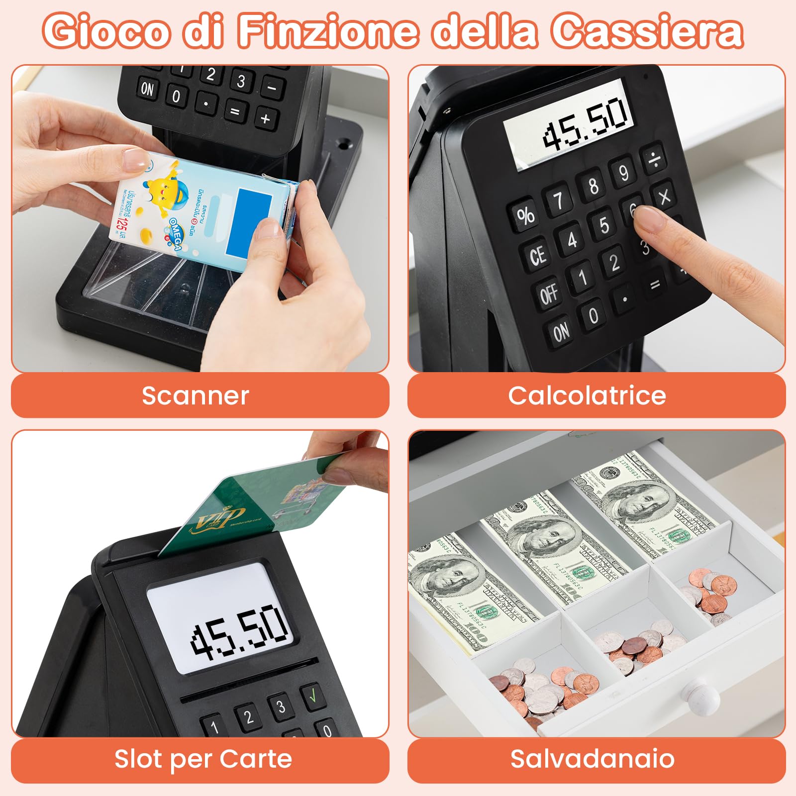 GYMAX Negozio di Alimentari per Bambini, Gioco di Ruolo con Carrello della Spesa, Registratore di Cassa, Scanner, Lavagne, Set da Gioco Supermercato in Legno, Regalo Perfetto per Bambini 3+ Anni