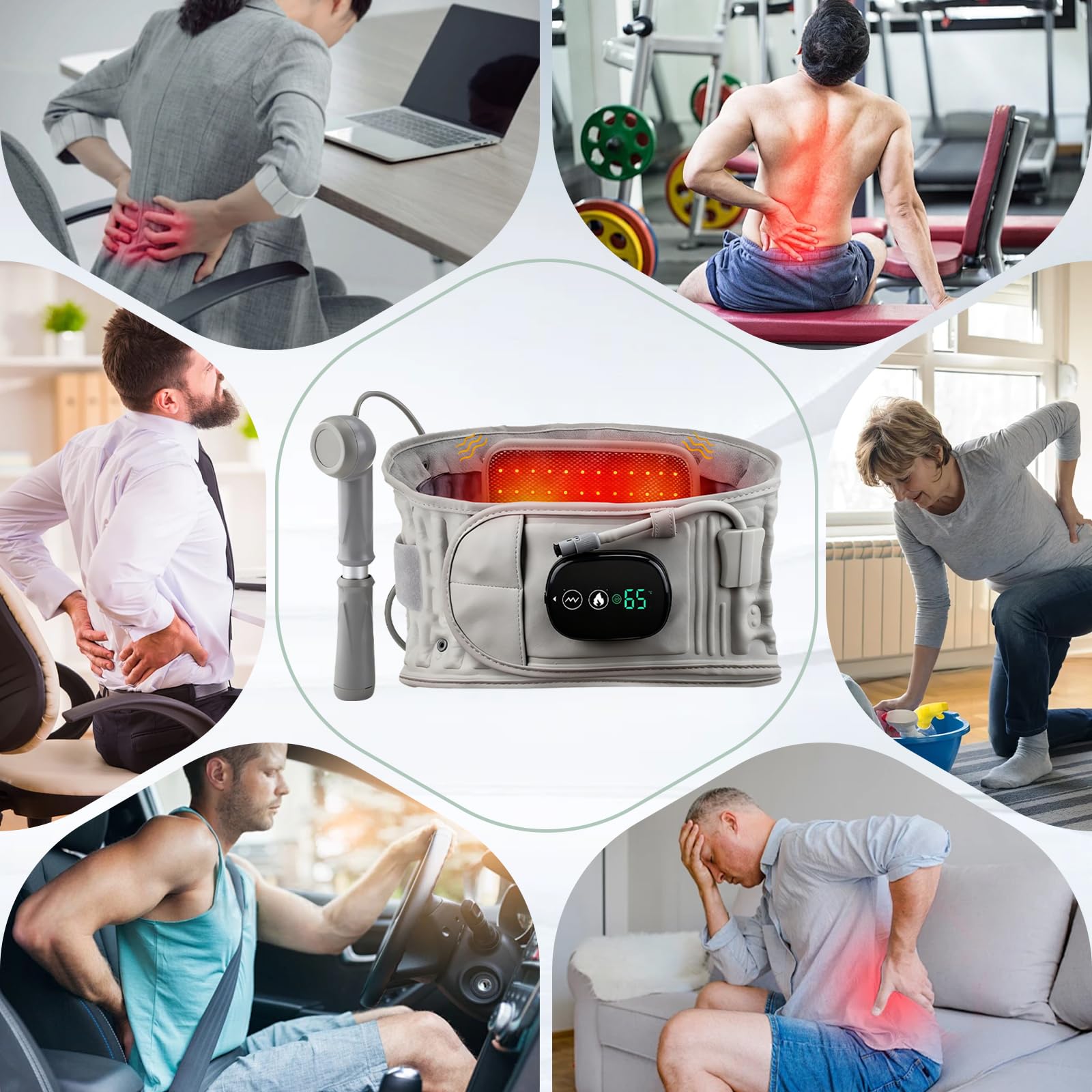 Kompressions Massagegürtel mit Rotlichtwärme, 3-in-1 Rückenpflege Gürtel mit Aufblasbare Lendenwirbel-Traktion, 3 Heiz & Massagemodi, zur Reduzierung des Drucks und Linderung von Muskelkrämpfen