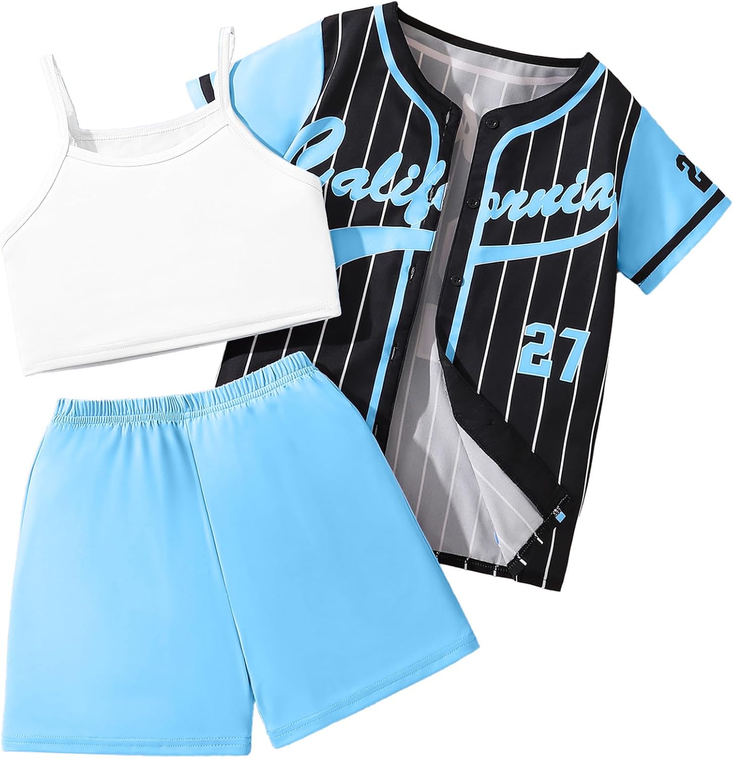 Hilinker Girls Graphic 3 Piece Outfits Short Sleeve Striped Cardigan and Crop Cami with Shorts Set