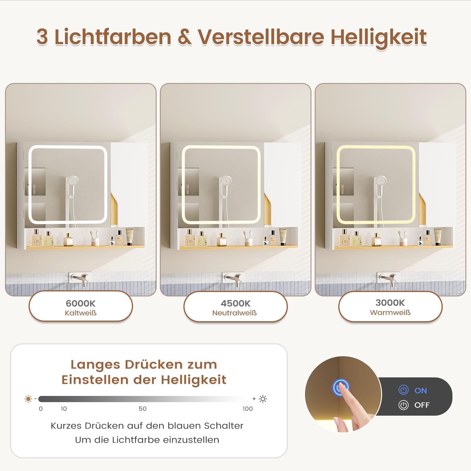 Meuble de Salle de Bain avec Éclairage LED et Miroir HD, Armoire Miroir Salle de Bain avec 3 Étagères Réglables，Température de Couleur Réglable, Armoire de Toilette, 80x16x65 cm, Blanc