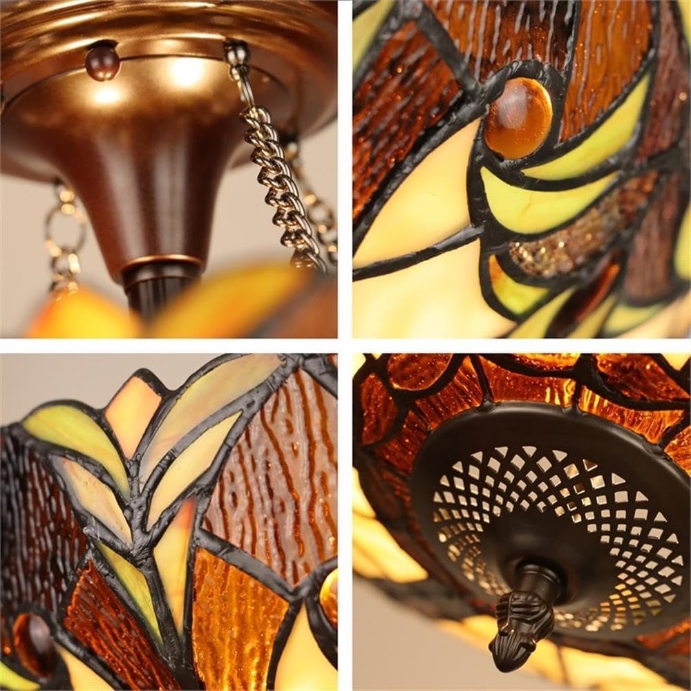 Pemberly Row Victorian 2-Light Semi Flush Mount Light, 15.75 in Glass Shade, Antique Dark Bronze and Yellow Finish, Handcrafted Stained Art Glass, Indoor Lighting for Dining Room, Living Room, Foyer