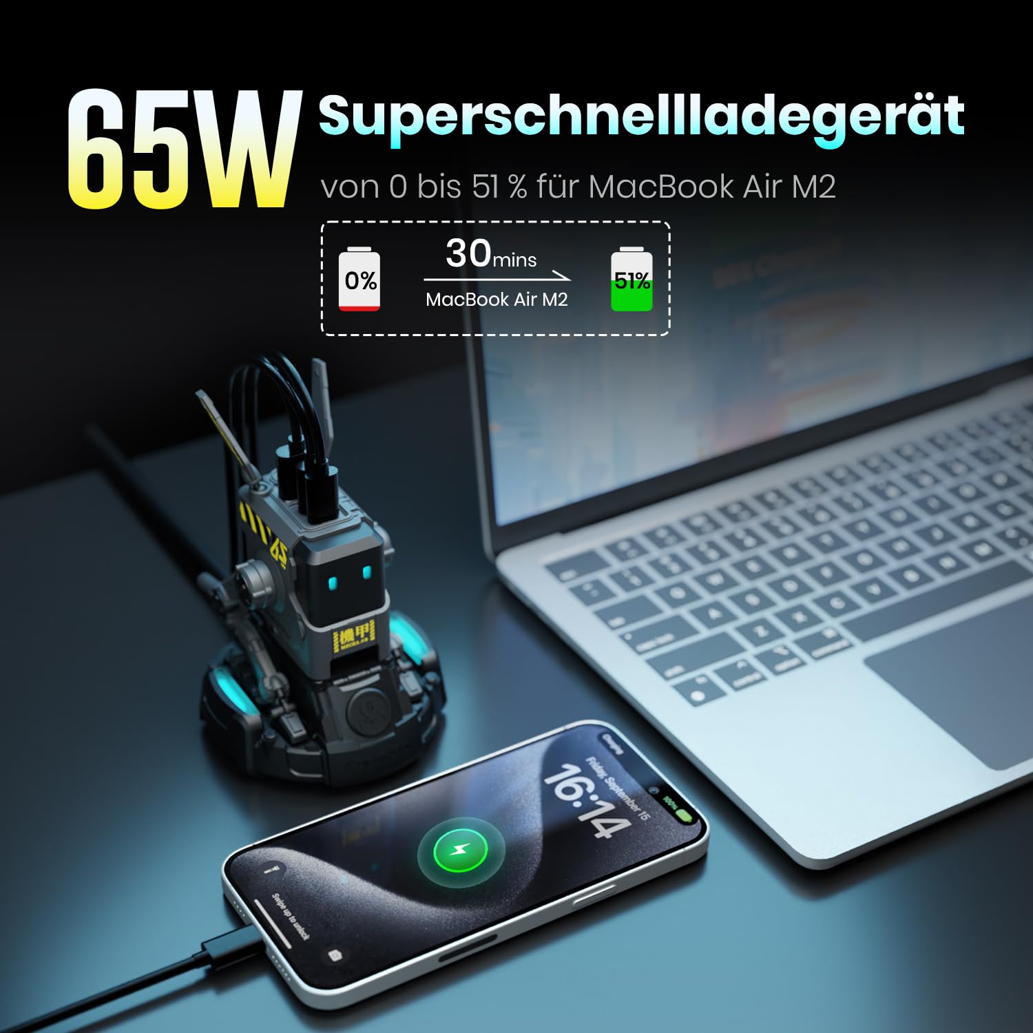 GRAVASTAR 65W GaN Robot USB-C Ladegerät mit 3 Anschlüssen | Futuristischer Roboter-Ladeadapter mit klappbaren Beinen, 2 USB-C- & 1 USB-A-Anschluss für Schnellladen