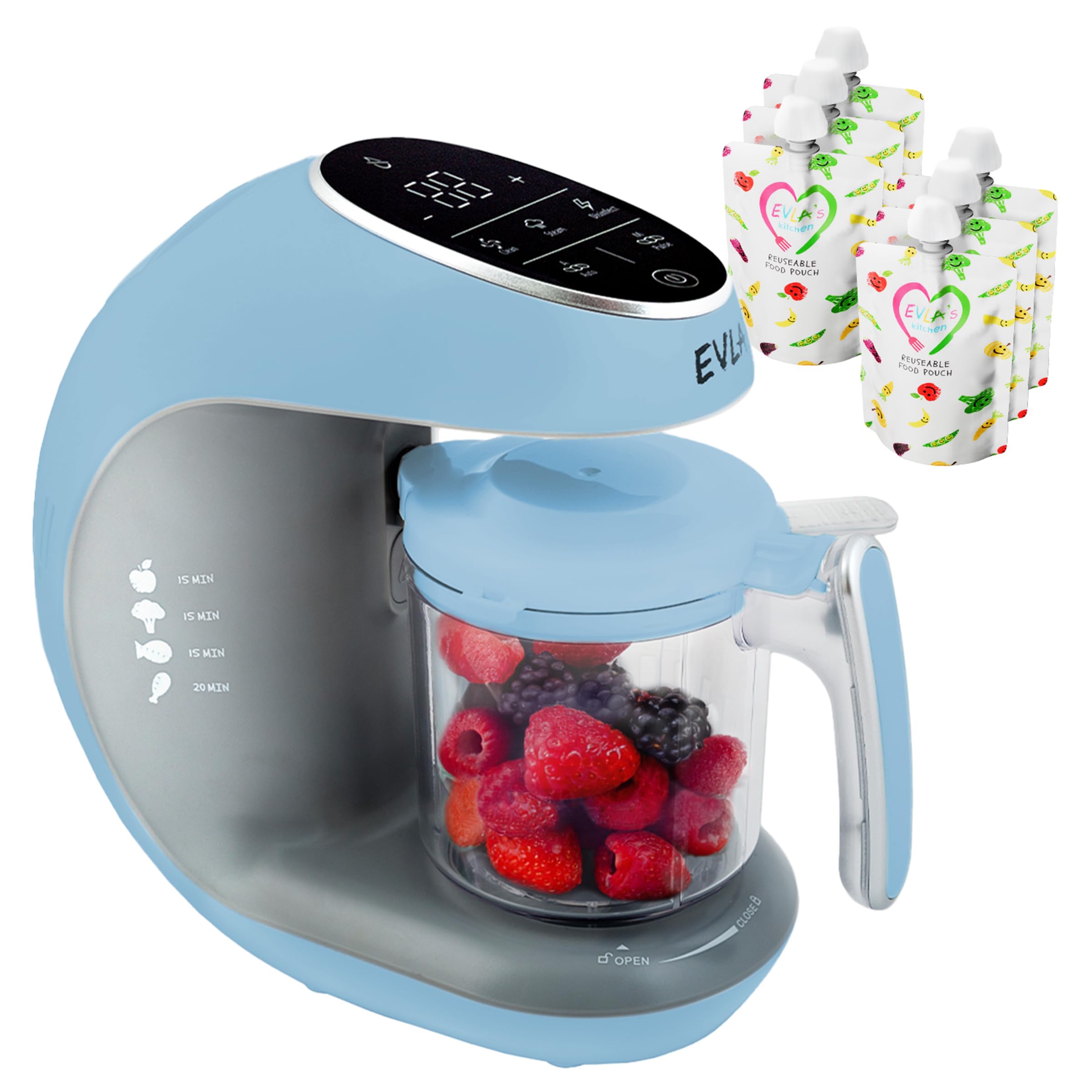 EVLA S - Licuadora y vaporera para alimentos para bebés, procesador de alimentos para preparar comida casera saludable en minutos, pantalla táctil con 6 bolsas de alimentos reutilizables, esencial para el registro de bebés, color azul