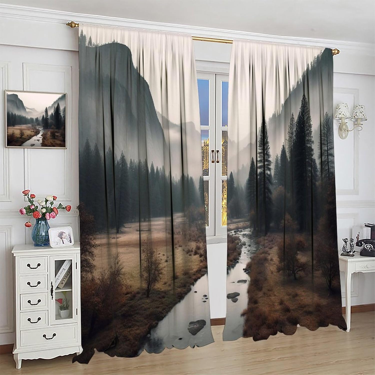 Foggy Forest Curtains, Mystic Natural Rustic Autumn Scenery Pine Tree Jungle Mountain Woodland View Window Treatments, Blackout Rod Pocket Drapes For Living Room Bedroom Bathroom Kitchen 42x45in