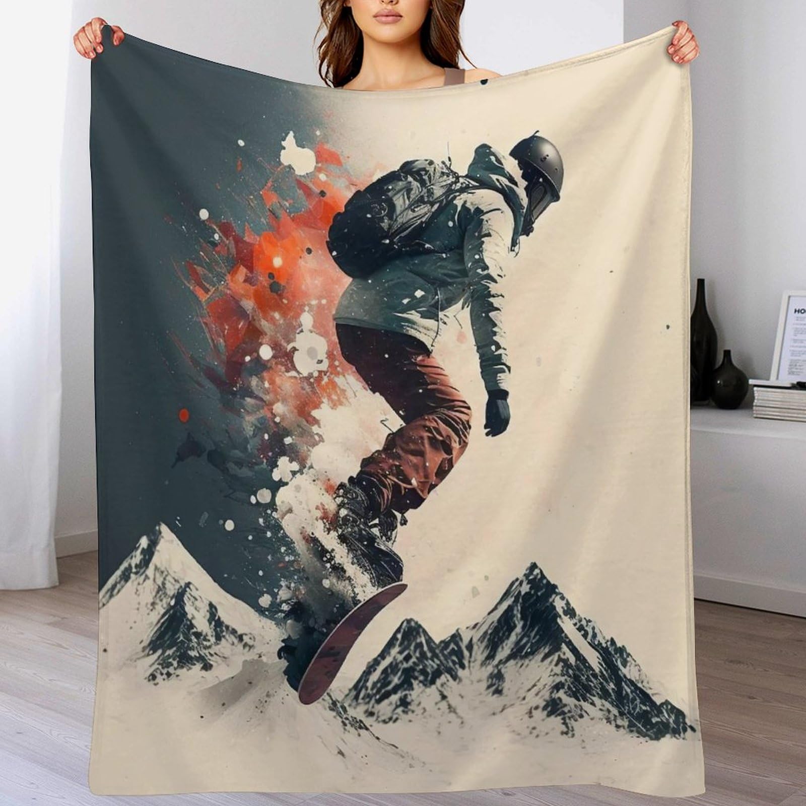Couverture en flannel motif snowboard 100x130cm plaid molleton pour lit