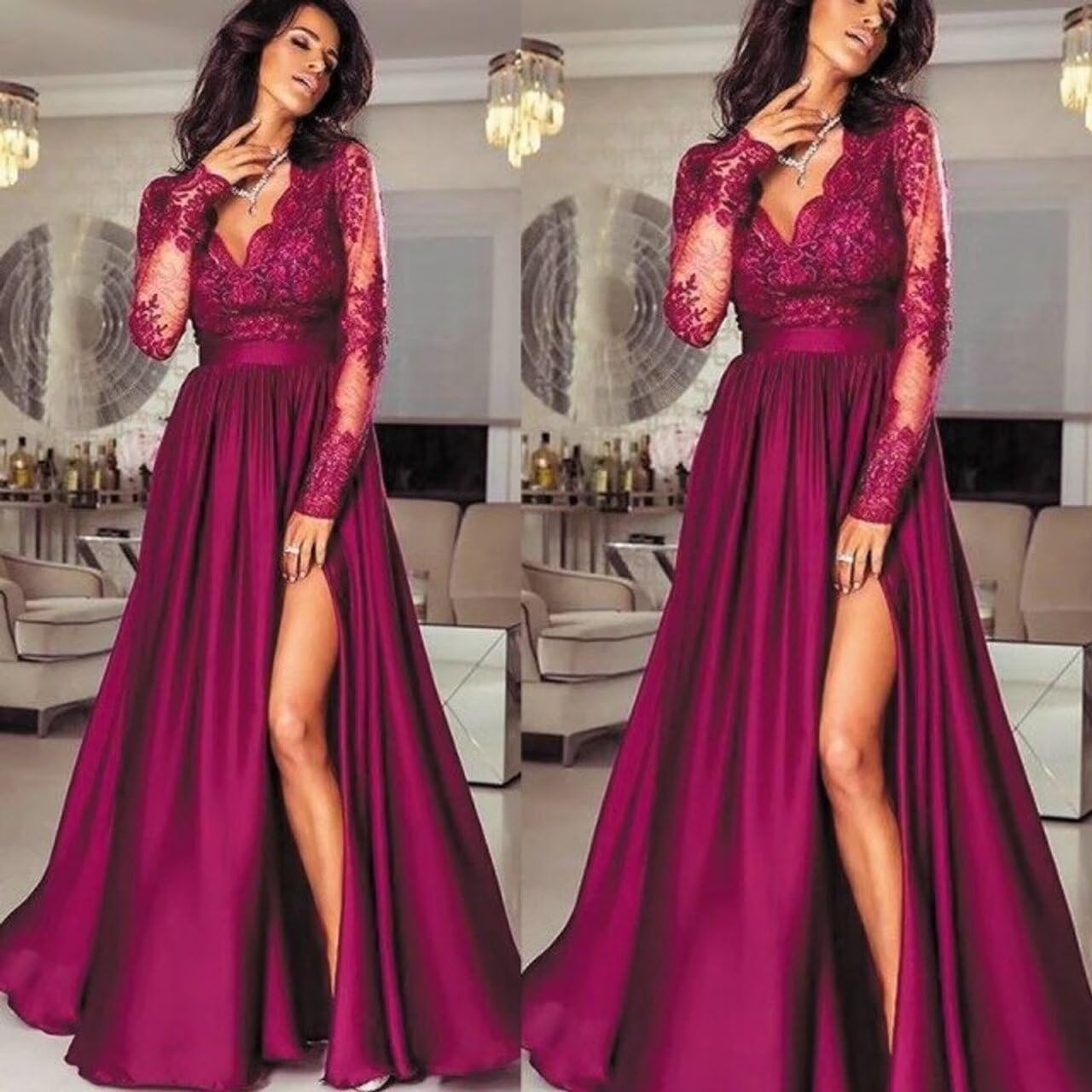 Dream Wedding Lace Appliques Satin Prom Dresses for Women Long Sleeve A-Line Formal Evening Gowns with High Slit DR0130