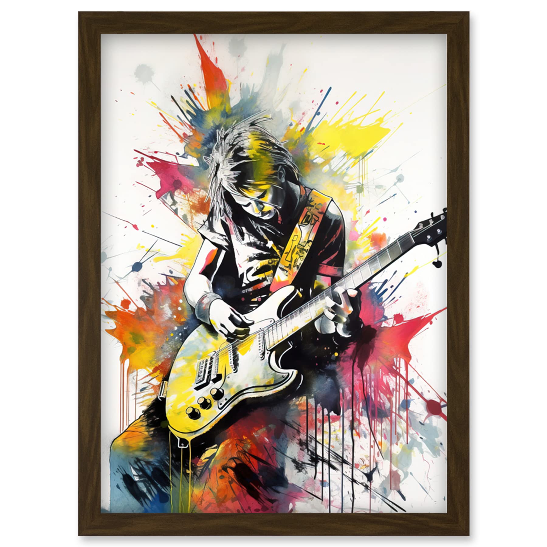 Artery8 Guitarist Playing Electric Guitar Music Solo Vibrant Modern Splat Paint Watercolour Illustration Artwork Framed Wall Art Print A4