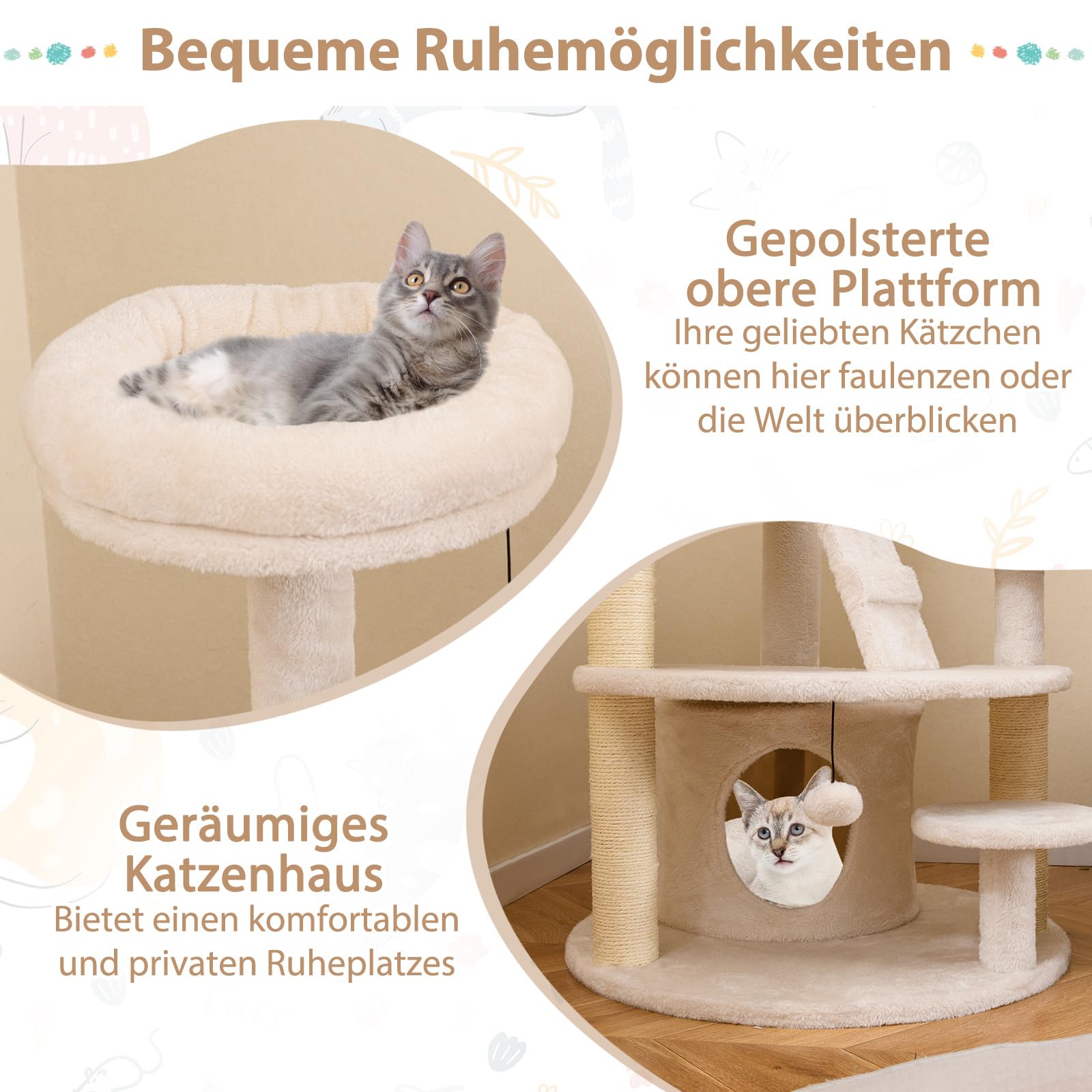 COSTWAY Krabpaal klein, kattenhol & kruk, kattenboom met zachte zitting & 3 sisal-krabzuilen & bal, kattenhuis klimboom, kattenkrabpaal kattenmeubel, 40 x 40 x 47 cm (grijs