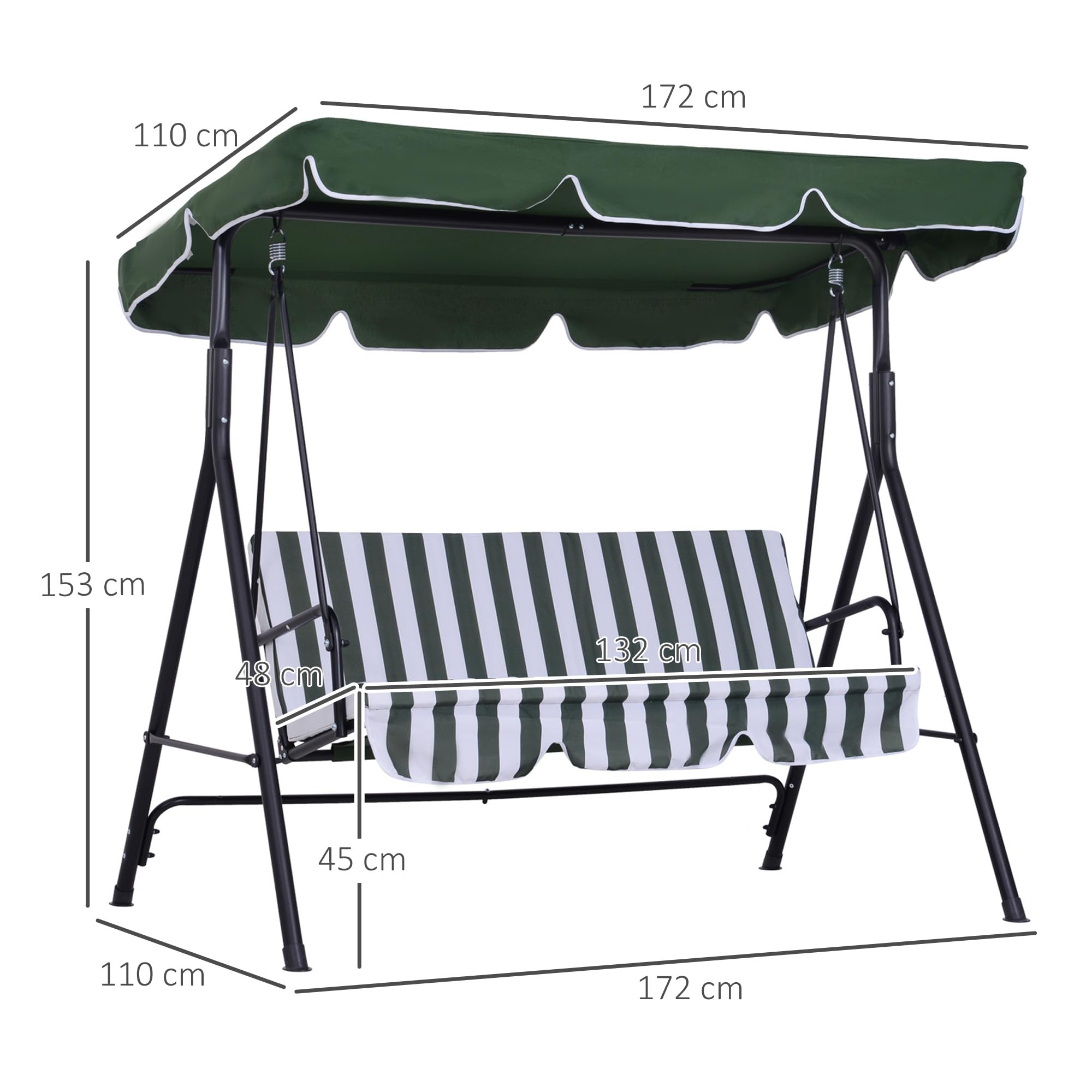 Outsunny Columpio de Jardín Exterior de 3 Plazas, Balancín de Jardín Exterior con Techo Ajustable y Marco de Acero, para Balcón, Terraza, Patio, Carga 200 kg, 172x110x153 cm, Verde