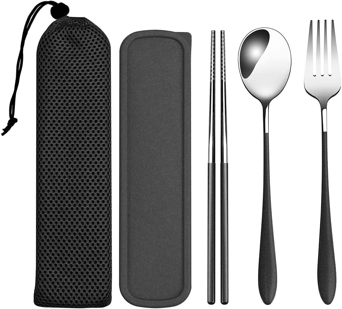 SYOSI Travel Cutlery Set, Stainless Steel Cutlery Set Portable Camp Reusable Flatware Silverware,Include Fork Spoon Chopsticks with Case for Hiking Traveling Camping or School Lunch