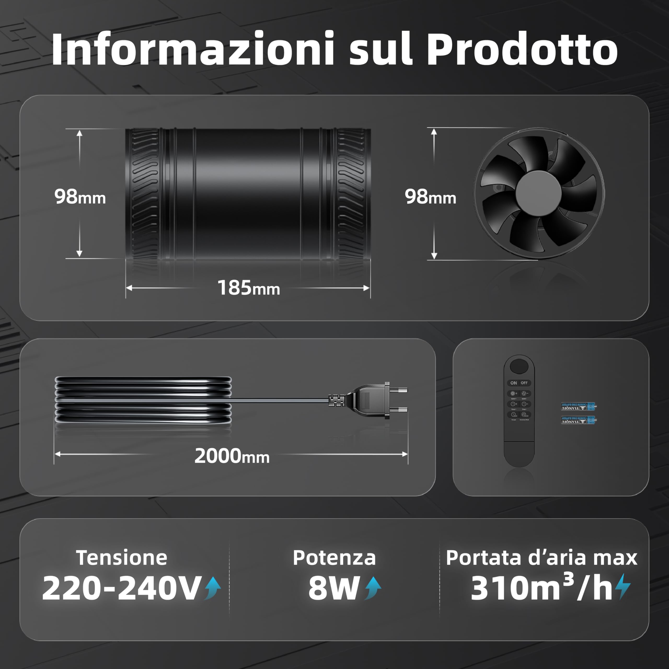 Ventilatore da Condotto 100 mm con Timer, Ventola Aspirazione 8 Velocità 310 m³/h, con Protezione da Surriscaldamento, Estrattore Aria Inline per Serra, Bagno, Cantina, Garage, Cucina