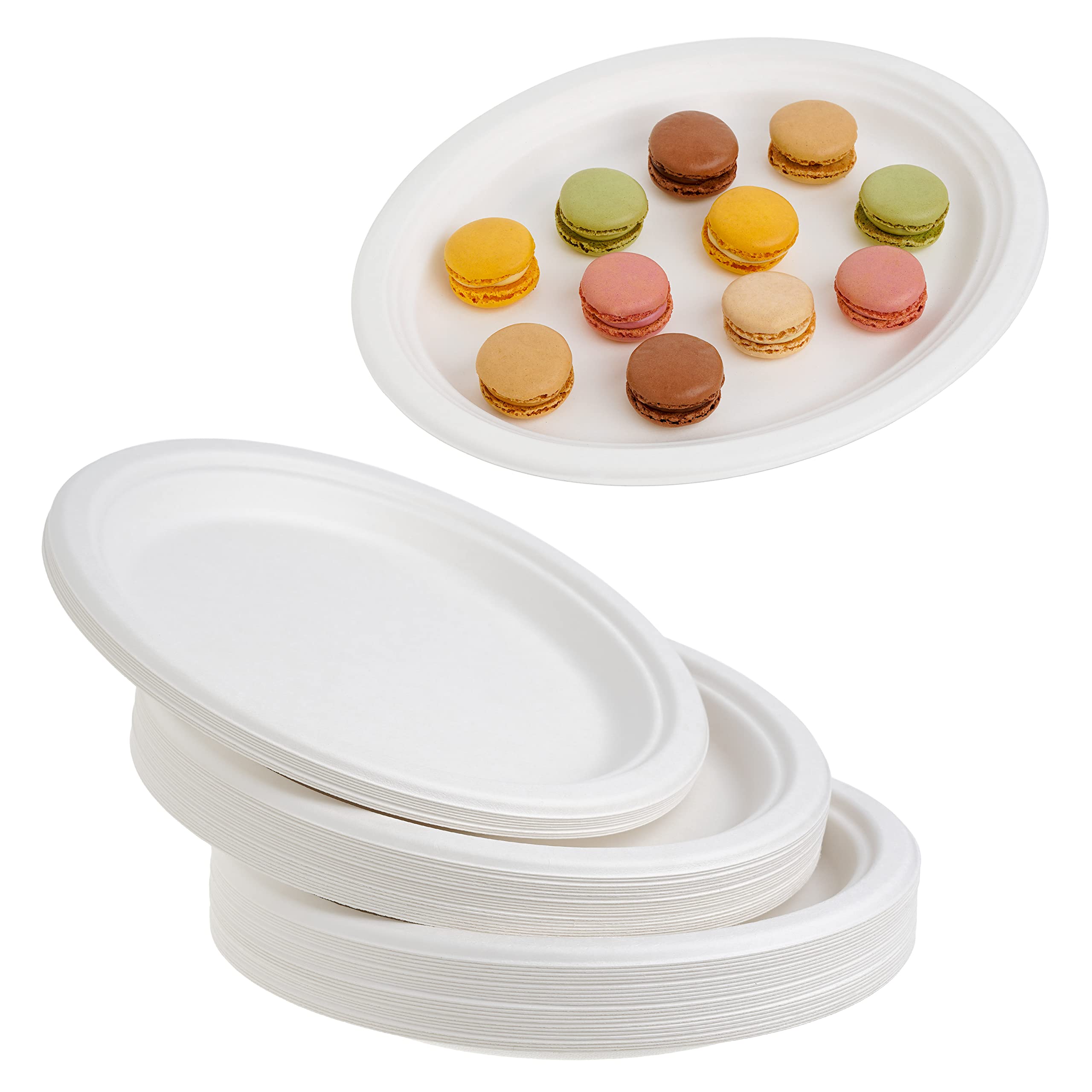 STACKABLES Paquete de 25 bandejas para servir, ovaladas, desechables, color blanco, de caña de azúcar, para fiestas, bodas, catering y fiestas de cumpleaños