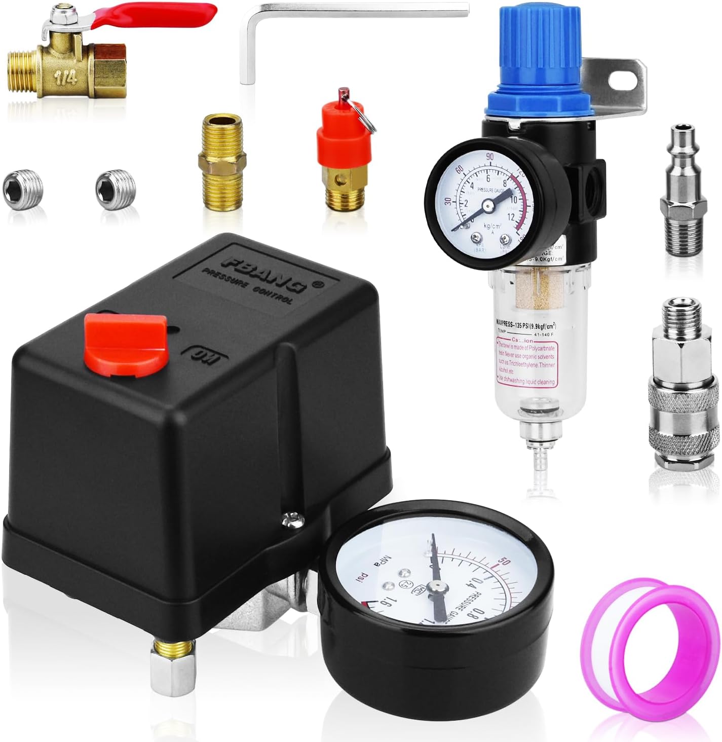 Air Compressor Pressure Switch Control Valve 110-150 PSI Vertical 4-way Switch with Pressure Gauge and Moisture Filter, Air Compressor Replacement Parts 110V-240V