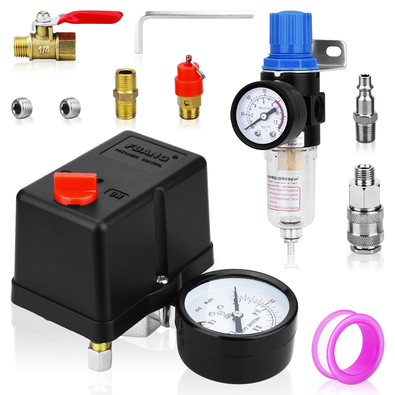 FBANG Air Compressor Pressure Switch Control Valve 110-150 PSI Vertical 4-way Switch with Pressure Gauge and Moisture Filter, Air Compressor
