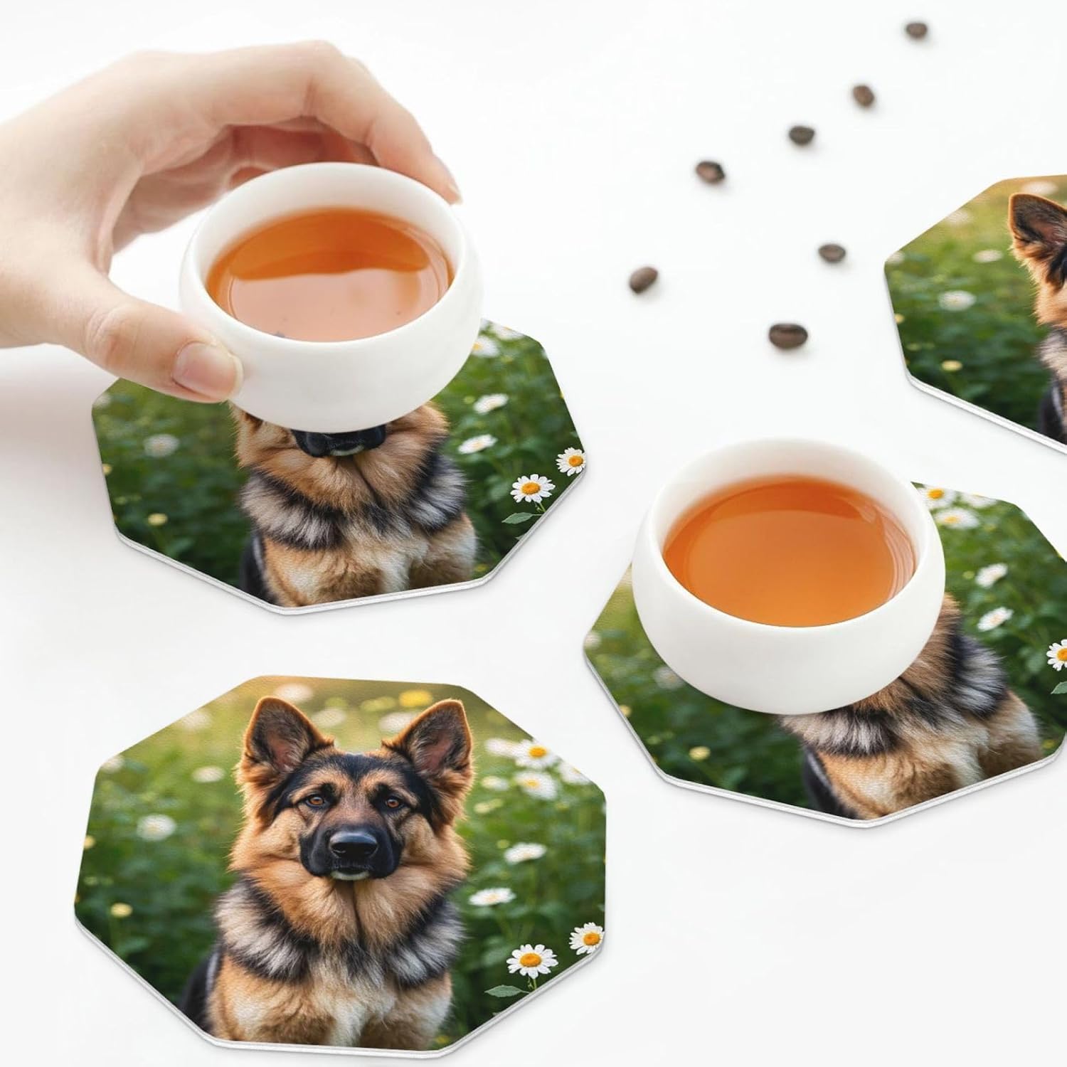 Cute Pet German Shepherd Dog Leather Coasters Set of 6 Non-Slip Heat Resistant Drink Coaster Waterproof Cup Mat Pad Bar Coasters for Home Office Decor Housewarming Gift image 3