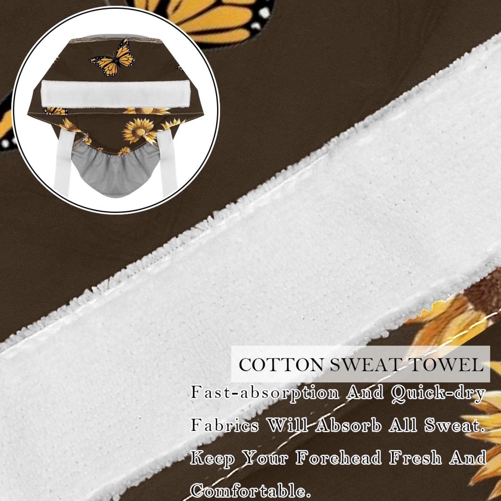 2 Pcs Working Caps with Buttons, Sunflowers Monarch Butterflies Ponytail Bouffant Scrub Cap for Long Hair