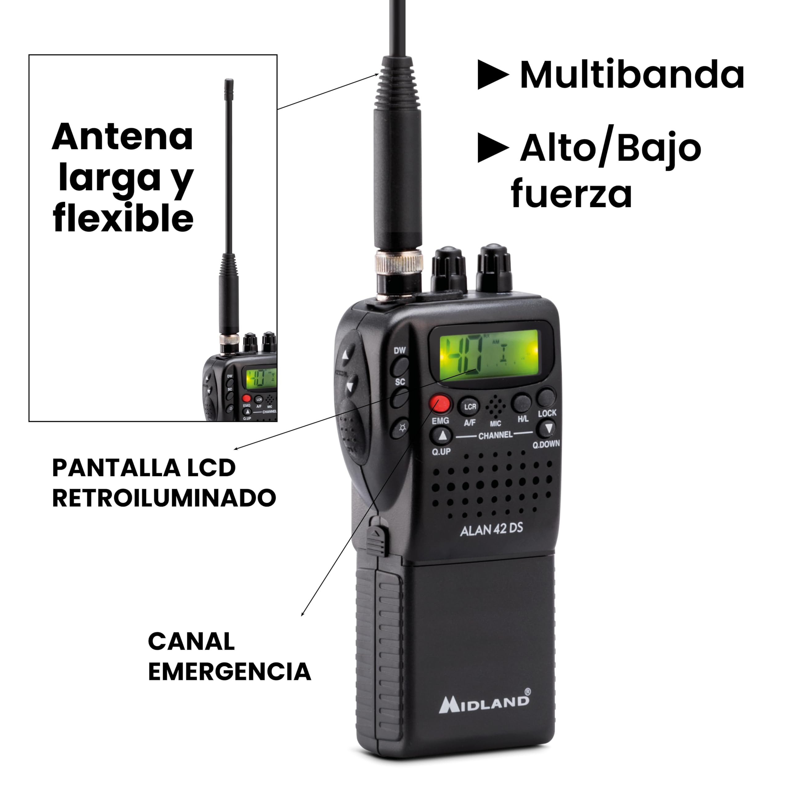 Midland - Emisora CB, Radioaficionado Portátil Sin Licencia Alan 42 DS, Multi Banda para Todos los Países UE, Squelch Digital, Radios Profesionales AM/FM, Conexión 2 Pin, Antena y Otros Accesorios | Multi Banda para Todos los Países UE, Squelch Digital, A
