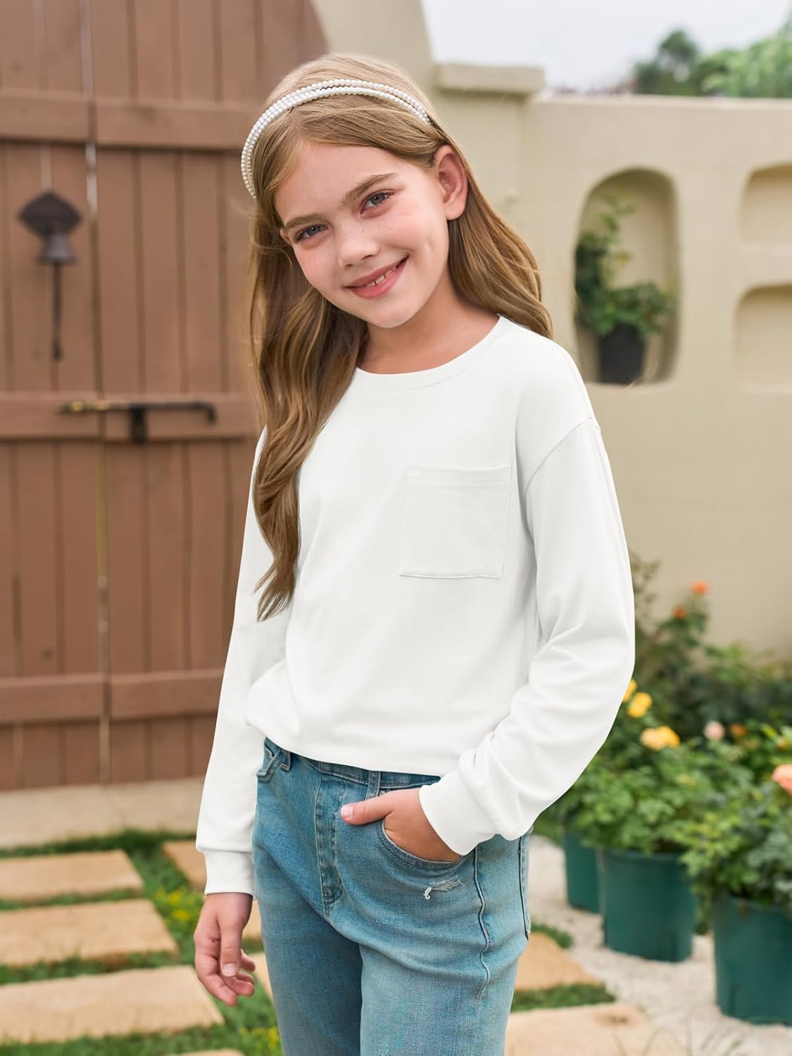 Haloumoning Girls Long Sleeve Shirts Kids Crewneck Soft Tunic Tops Basic Casual T-Shirts 5-14 Years with Pocket - Image 4