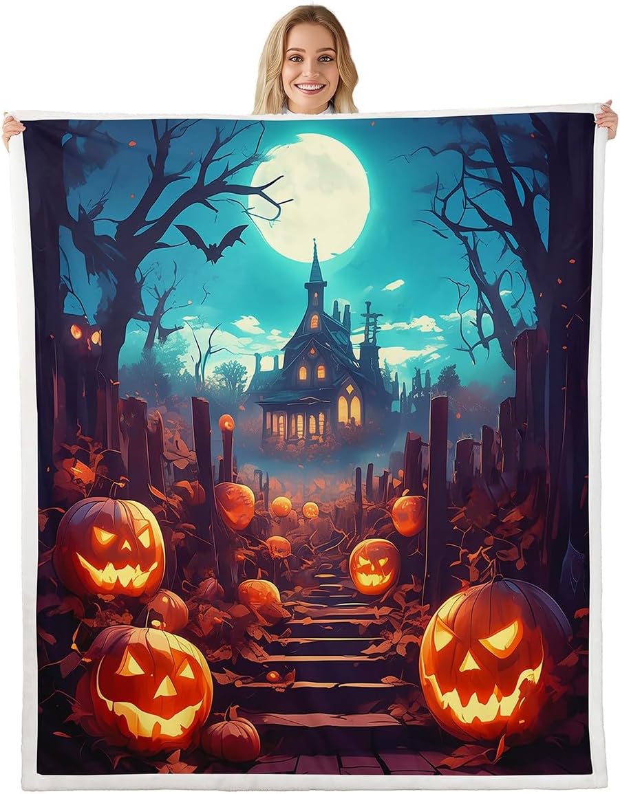 Watercolor Halloween Flannel Blanket,Cartoon Bat Animal Pumpkin Print Fuzzy Blanket for Children,Stars Moon Galaxy Trees Plant Tie Dye Polyester Throw Blanket for Couch, Twin Size (60 x 80 Inch)