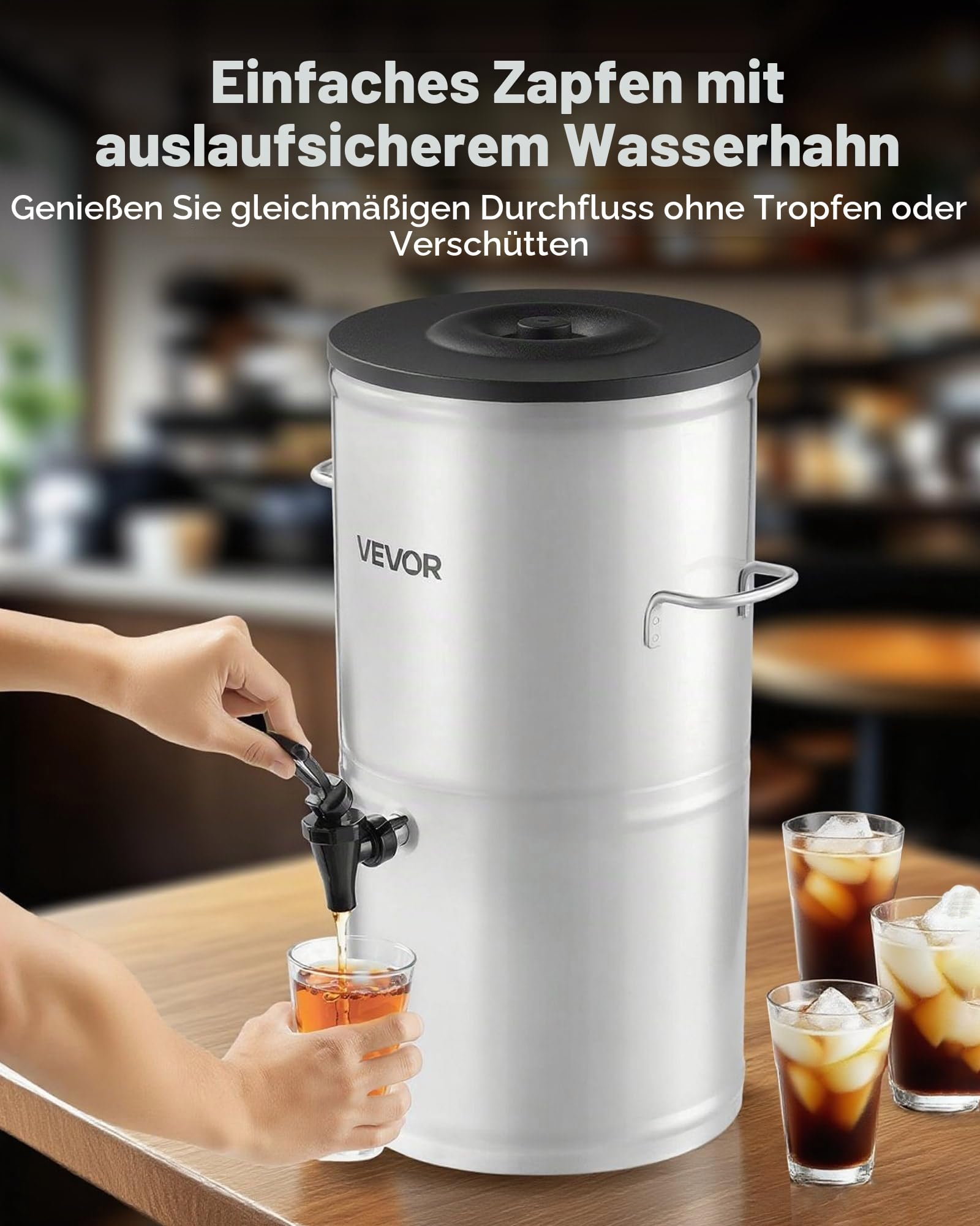 VEVOR Eisteespender Getränkespender aus 304 Edelstahl 15 L Getränkedispenser mit Zapfhahn & Griff, geeignet für heiße und kalte Getränke, für Eistee, Kaffee, Wasser in Cafés und Restaurants