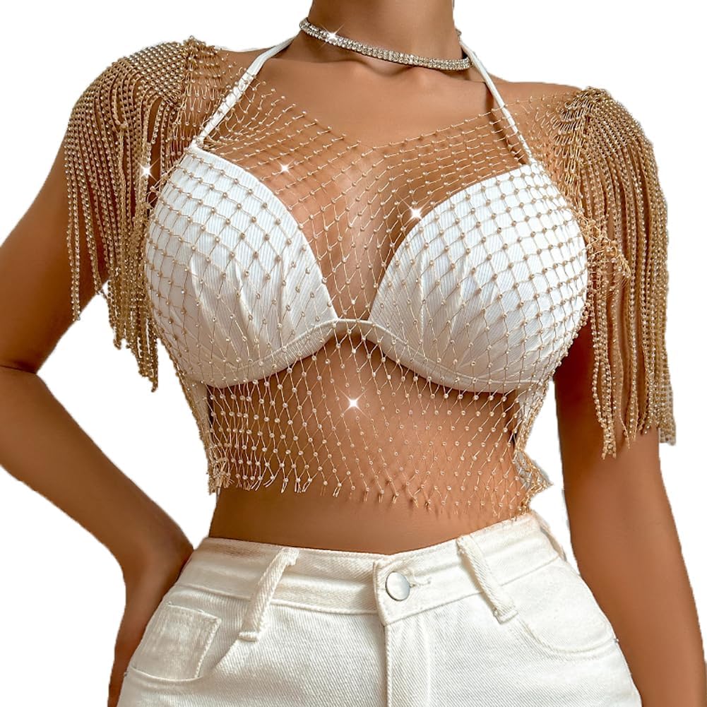 Women's Sheer Mesh Fringe Rhinestone Fishnet Top See Through Short Sleeve Cover up Blouses Party Club Rave Outfits