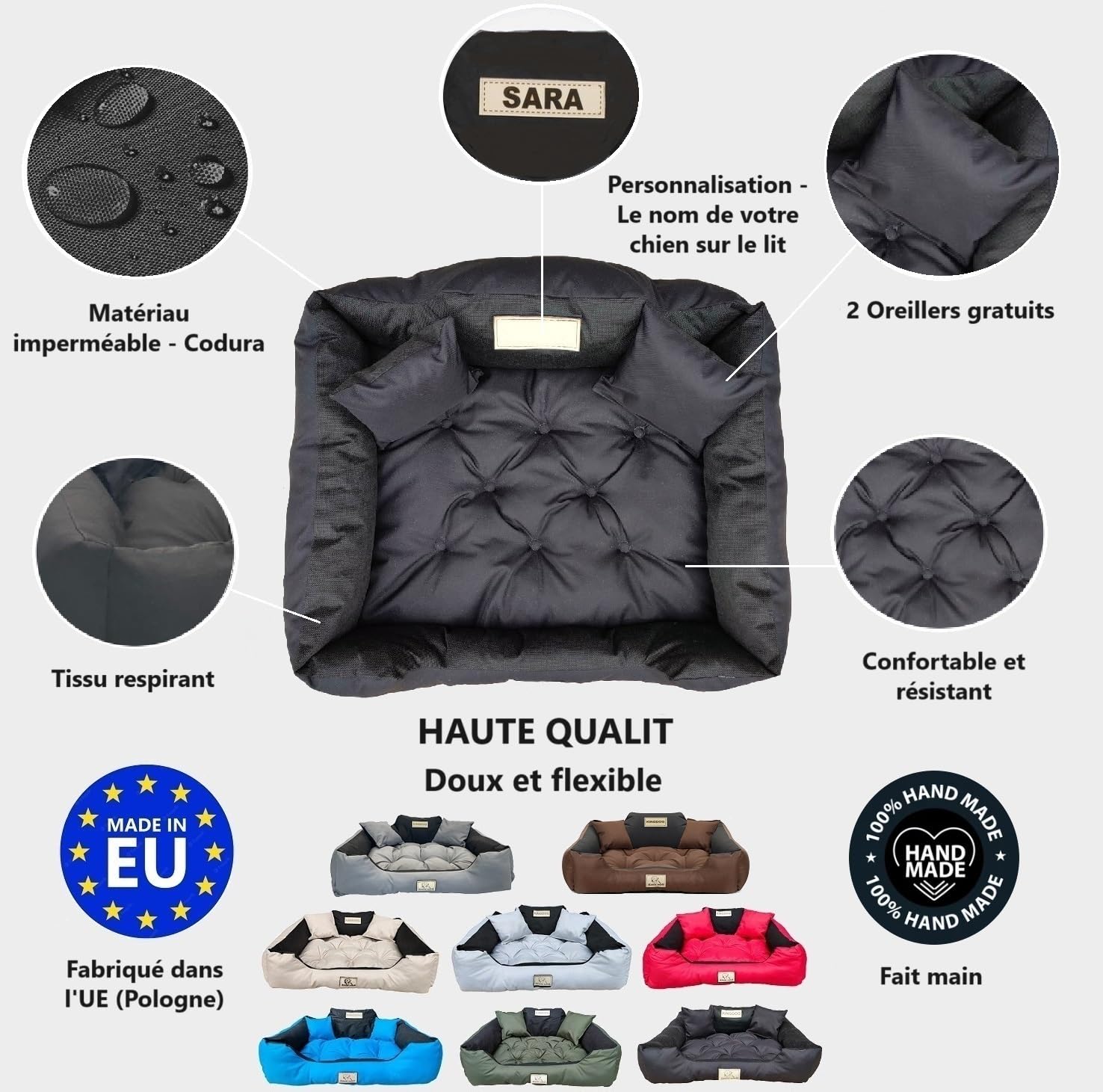 KING DOG Lit pour Grands Chiens L 100x75 Noir | Personnalisé - Nom du Chien | Coussin Imperméable | Canapé Adapté au Lavage | Moelleux, Douillet et Super Doux | Made in EU