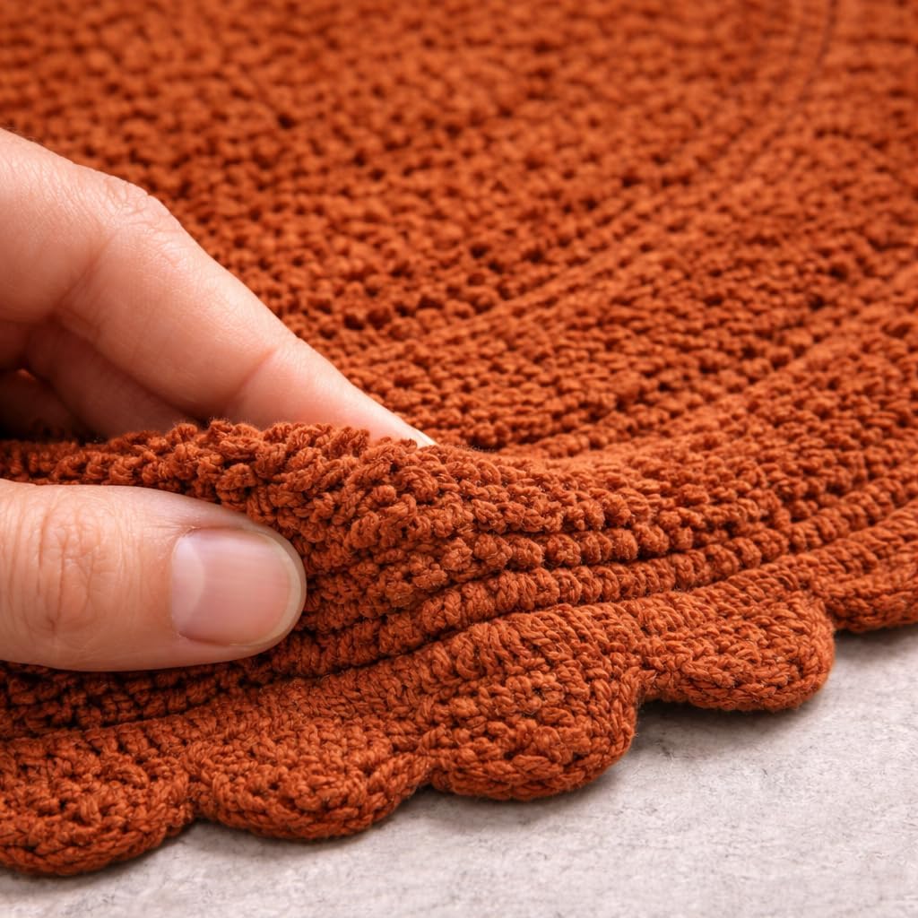 Royal Blaze Autumn Rusty Orange Reversible Cotton Bath Mat Round Crochet Border Bathroom Rug Round 30 Inches