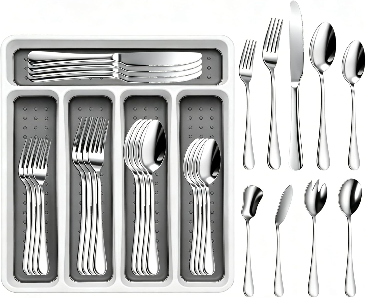 45-Piece Silverware Set with Organizer – Stainless Steel Flatware Cutlery Set for 8, Includes Forks, Knives, Spoons & Serving Utensils, for Dining, Entertaining & Housewarming
