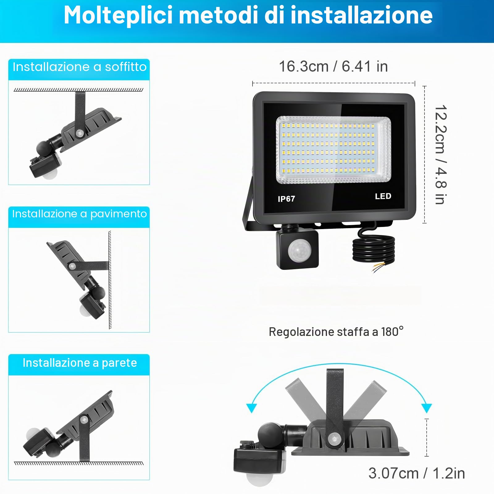 2Pezzi 50W Faretto LED da Esterno con Sensore di Moviment, 5000LM Faro Led esterno con sensore movimento 6500K IP67 Impermeabile Faretti led per Esternos, Giardino, Garage, Patio, Cortile