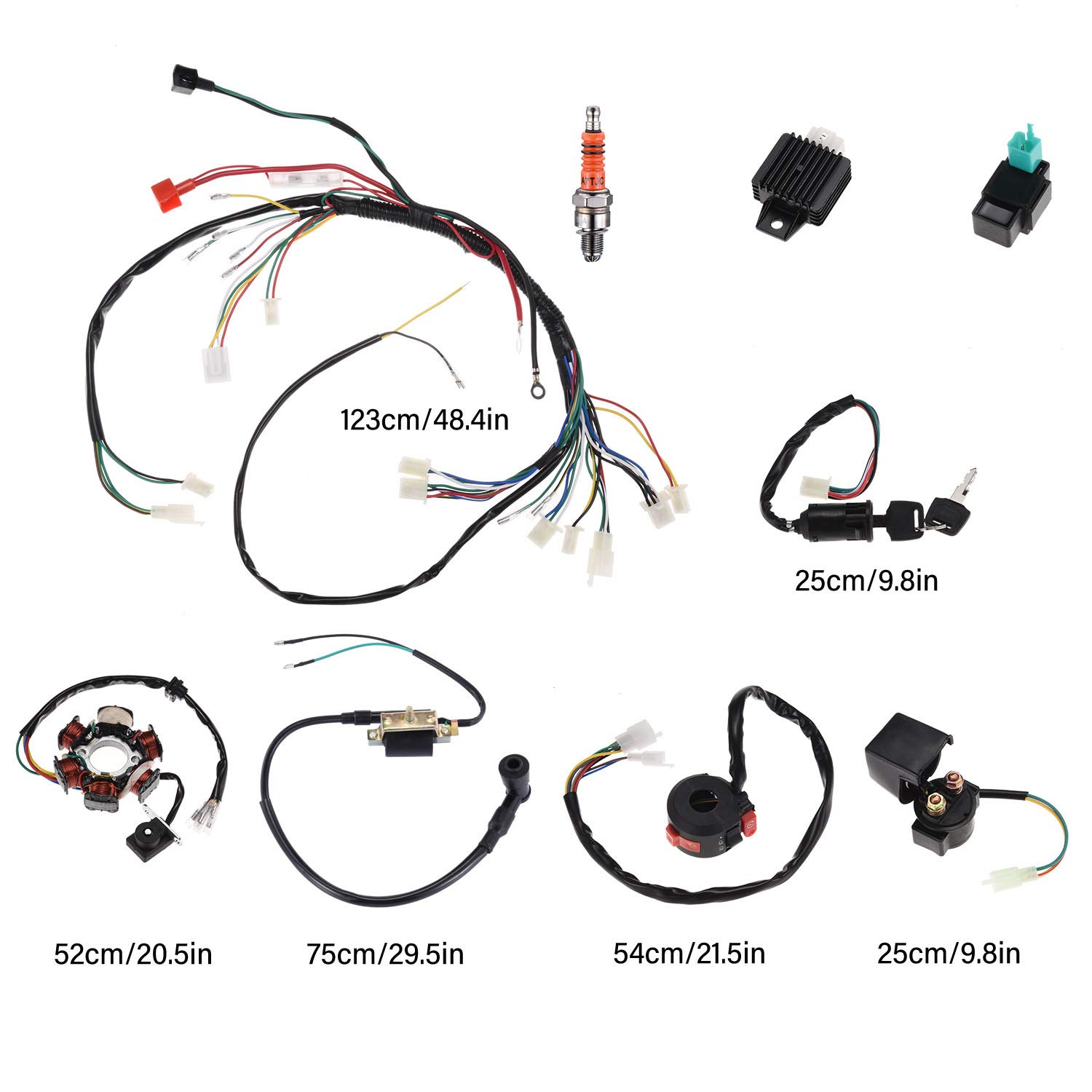 Bobina de estator eléctrica completa, arnés de cableado CDI, bujía, juego de arnés de cables cuádruple para 50cc 70cc 90cc 110cc 4 tiempos ATV Bike Buggy