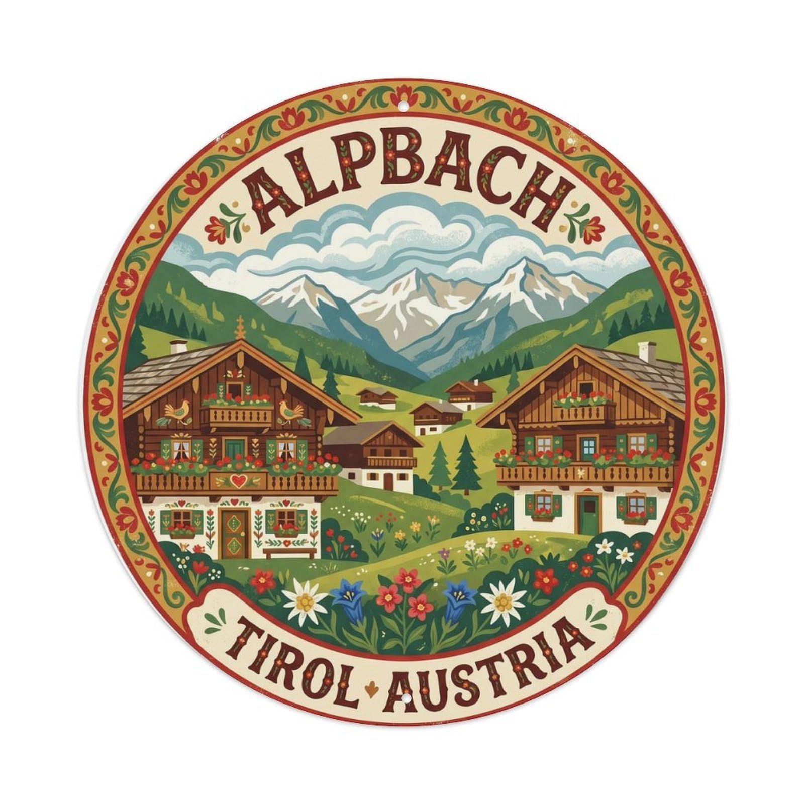 Alpbach Tirol Austria Flower Village Alpine Travel Meadow Metal Tin Sign Plaque Wall Decor for Cafe, Man Cave, Club Bar, Office, Home Garden Round Metal Poster 8x8Inch