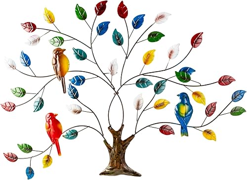 dreamskip Arte de pared de metal moderno árbol de la vida grande con hojas multicolores, hecho a mano, decoración de pared al aire libre, escultura