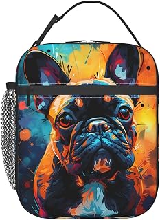 Reusable French Bulldog Lunch Box for Kids, Insulated Colorful Puppy Pop Art Dog Bag,Polyester Cooler Pet Lovers Handbags Case for School Work Picnic Travel Beach or Hiking, Gifts