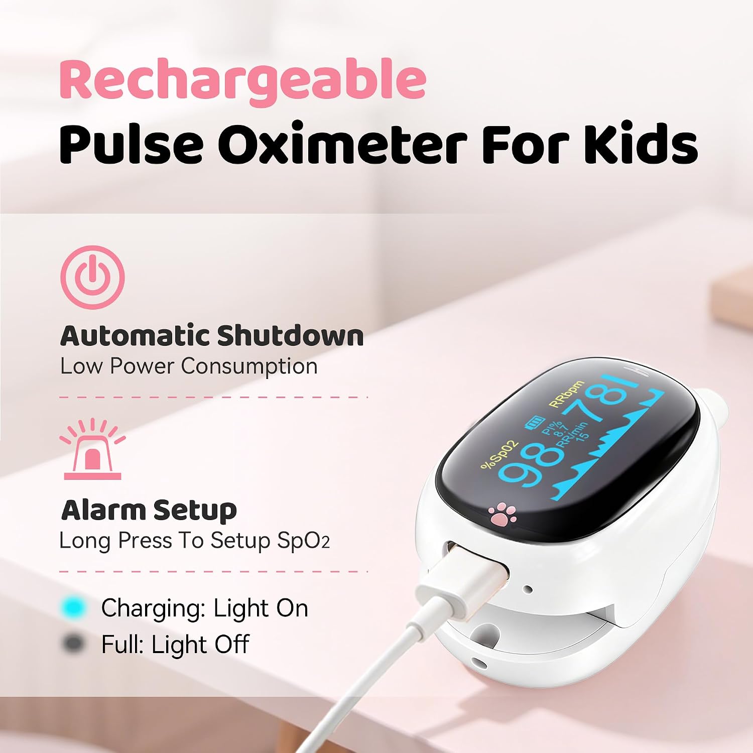 Fingertip Pulse Oximeter Rechargeable, Blood Oxygen Monitor SpO2, Pulse Rate, Respiration Rate (RR) & PI, OLED Display with 6 Modes, 4-Way Rotating Screen, Portable Pulse Ox for Adults (White)
