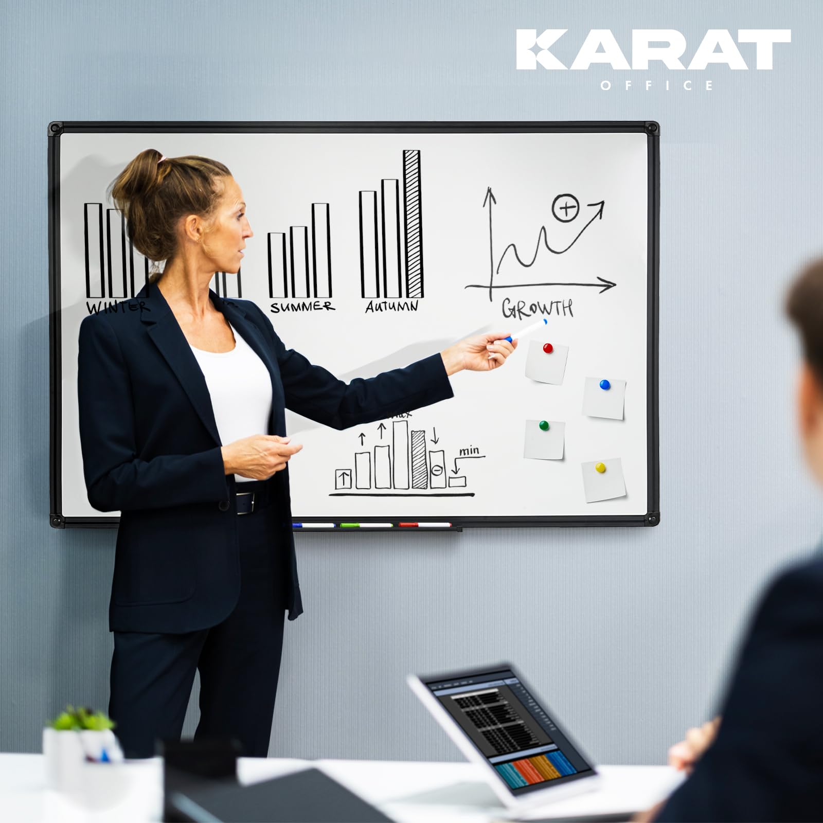 KARAT Tableau blanc magnétique - 80 x 110 cm - Avec cadre en aluminium noir et plateau de rangement pour marqueur - Tableau mémo avec matériel de montage - Pour bureau, école - Onyx