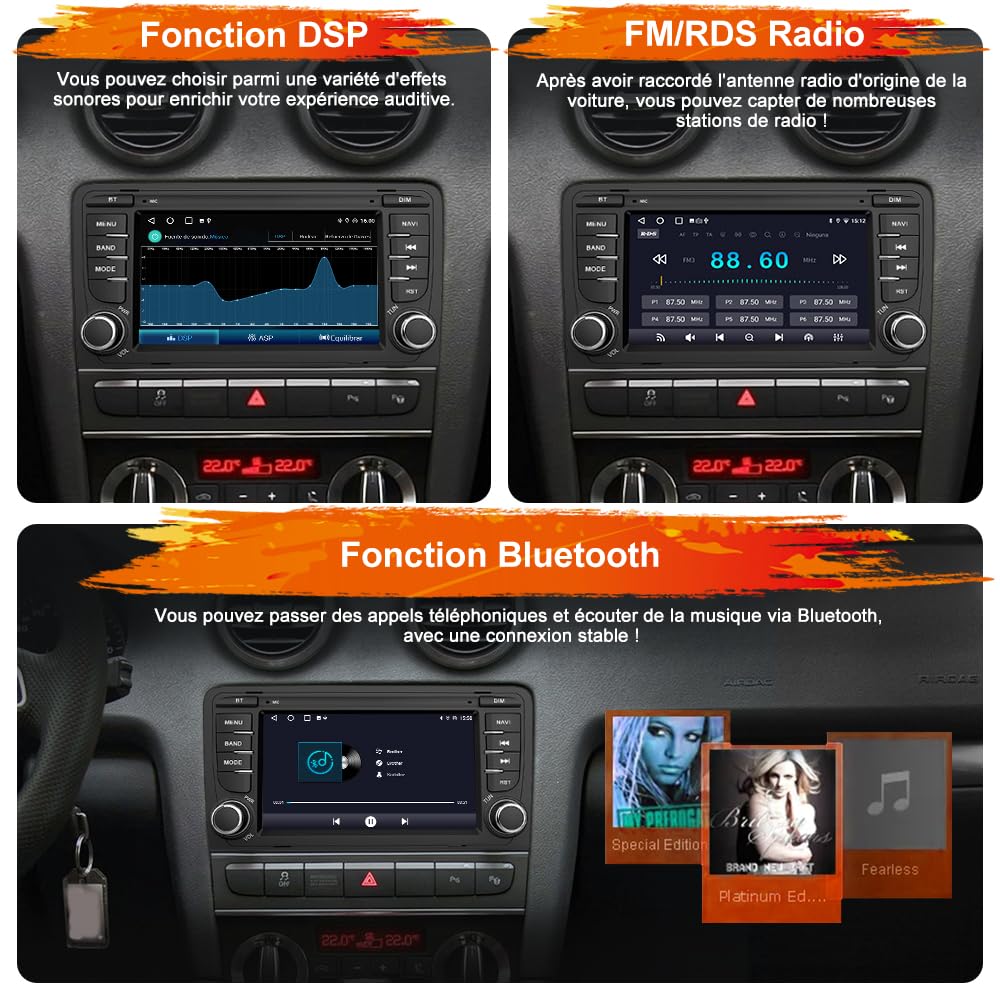 AWESAFE Autoradio Android 15 pour Audi A3 S3 RS3 8P (2003-2012), 7 Pouces Écran Tactile 2Go+32Go, CarPlay & Android Auto, GPS WiFi Bluetooth USB FM, Commandes au Volant