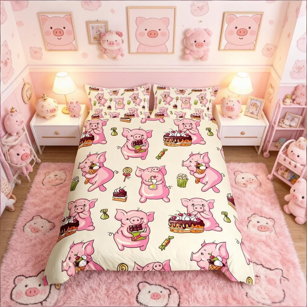 Loussiesd Cute Pig Duvet Cover Cartoon Animal Theme Comforter Cover Cake Chocolate Bedding Set For Kids Adults Sweet Food Bedspread Cover Ultra Soft Room Decor Double Size Bedclothes Zipper
