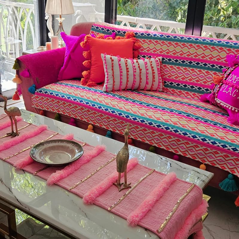 Image of Rainbow Aztech Tassel Sofa Cover:Sofa Protector:Heavy Weight Performance Fabric, AntiSlip, Scratch Resistant:Seat & Front Back Protection -Set of 3 Seat Covers- 6 Seater Sofa Cover Set (3+2+1 Seater)