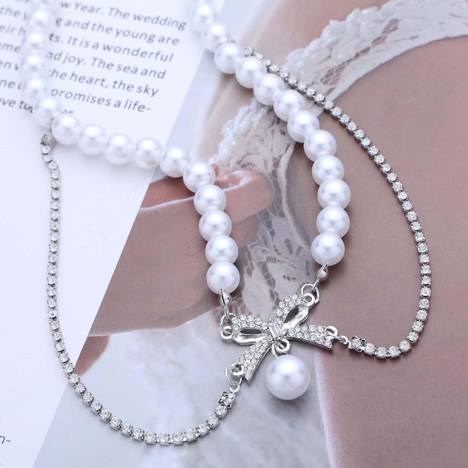 Boho Rhinestone Bow Choker Necklace Imitation Pearl Choker Necklace Shiny Crystal Tennis Chain Necklace Wedding Bridal Pearl Chain Necklace for Women - Image 5