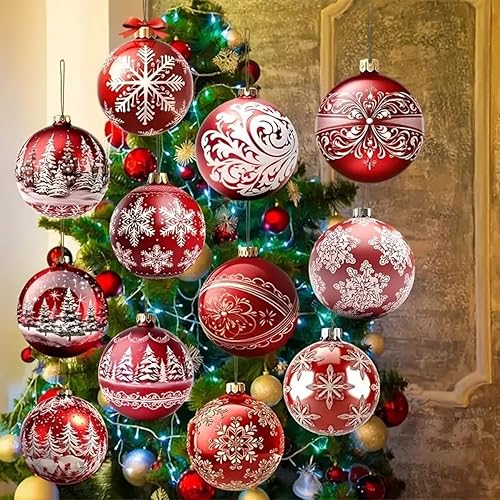 Miniatura 3 de 12 adornos de madera de Navidad, bolas de regalo rojas, decoración de árbol de Navidad, copos de nieve, adornos colgantes con diseño de impresión de