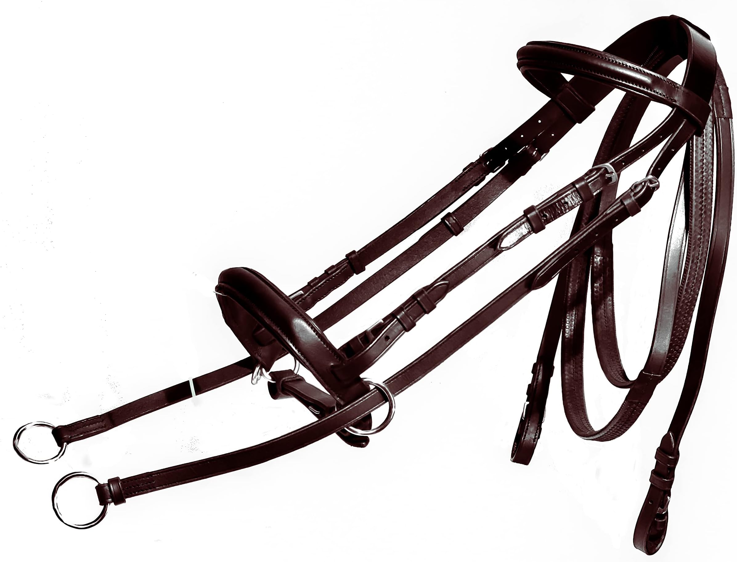 Manaal EnterprisesCowhide Genuine English Leather Show Horse Crossover | Crossunder Bitless Headstall Bridle with Reins Size Full (Full, Brown)