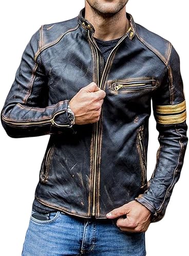 LP-FACON Chaqueta de cuero para hombre con armadura  Vintage Cafe Racer Powersports Equipo de protección Moto Biker Chaqueta acolchada