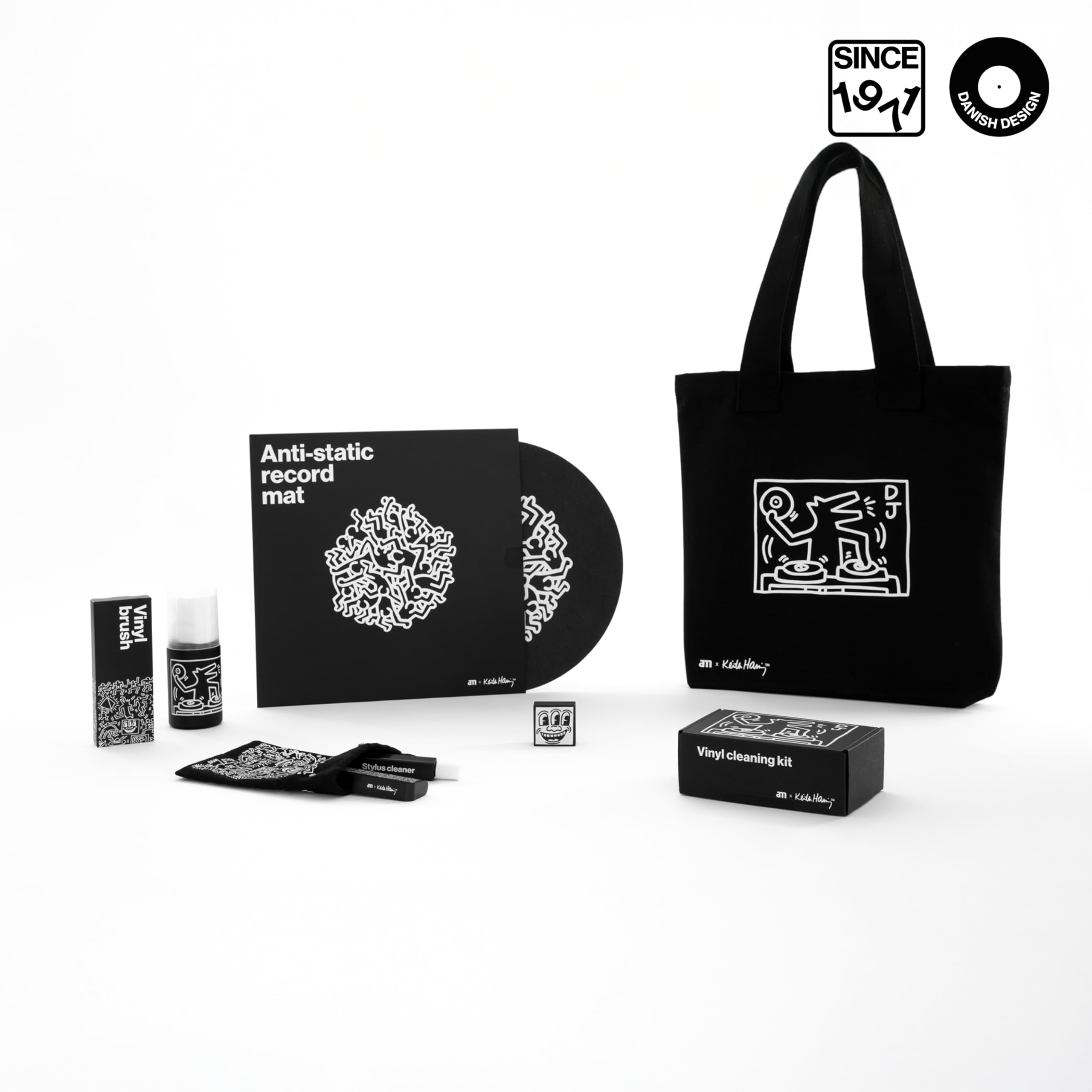 am Keith Haring zestaw do czyszczenia winylu 3 w 1 – spray do czyszczenia 200 ml, Stylus Cleaner, szczotka z włókna węglowego i chusteczki do czyszczenia, Keith Haring