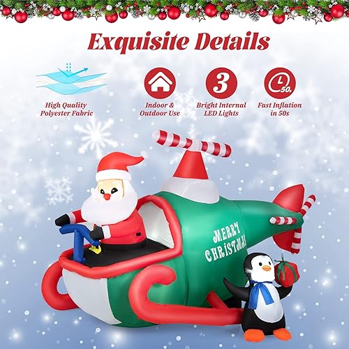 Miniatura 8 de Tangkula Helicóptero volador inflable de Papá Noel de 6.5 pies, decoración navideña autoinflable con luces LED integradas y ventilador impermeable,