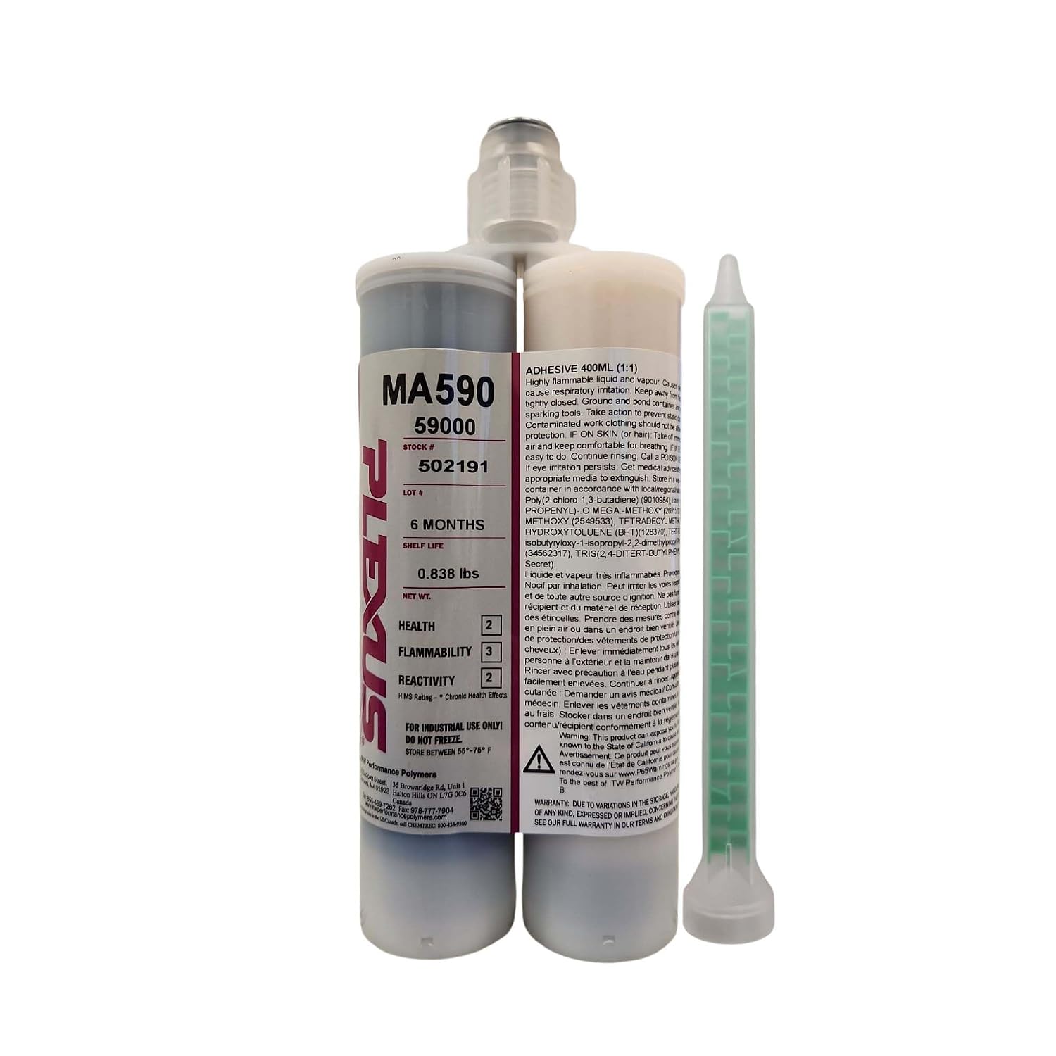 Plexus MA590 Structural Methacrylate Adhesive, Black, 400ml, 90-105 Min Working Time, 1:1 Mix Ratio with Included Mixing Nozzle