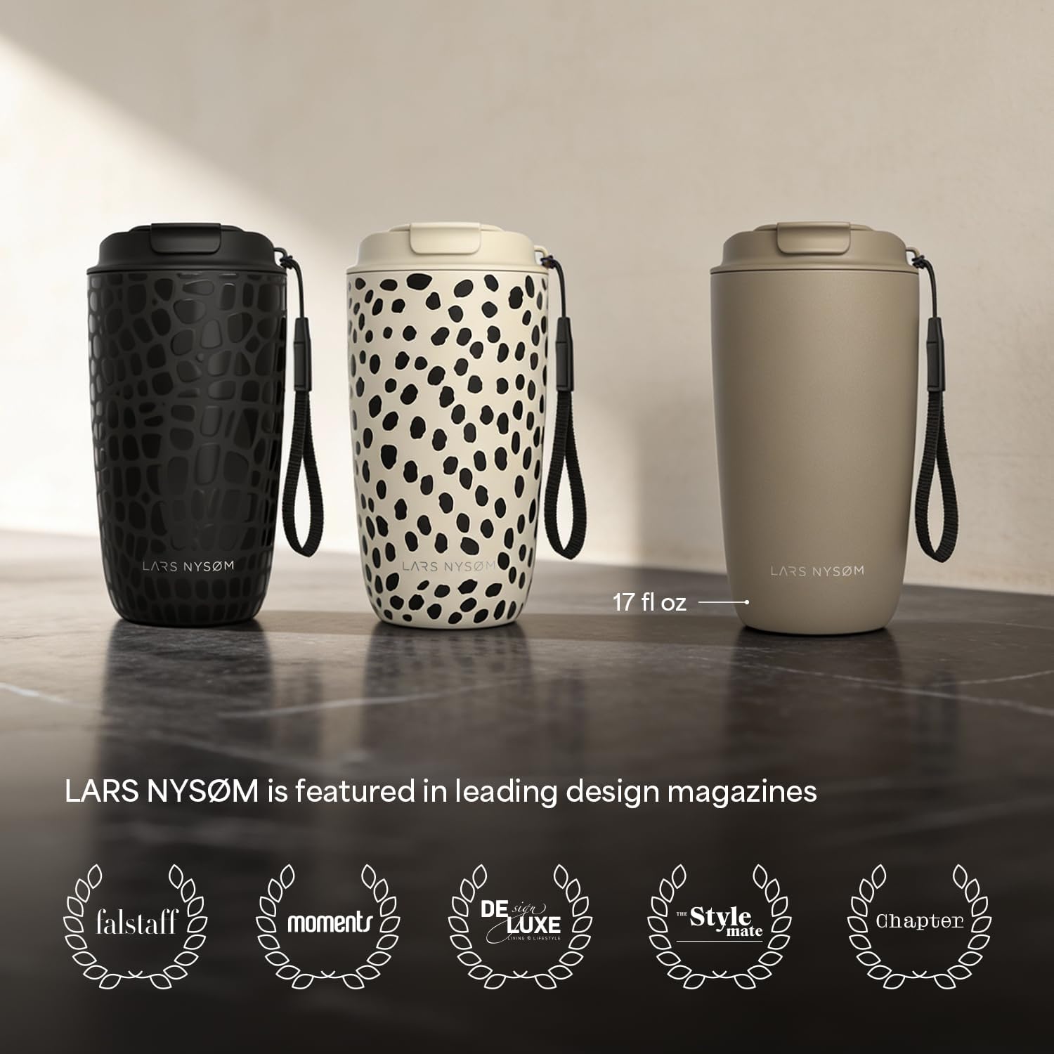 LARS NYSØM Thermo Coffee Mug-to-go with Strap 17oz | Travel Mug with Insulation | Leak Proof Stainless Steel Thermal Tumbler with Pattern Design for Coffee and Tea to Go